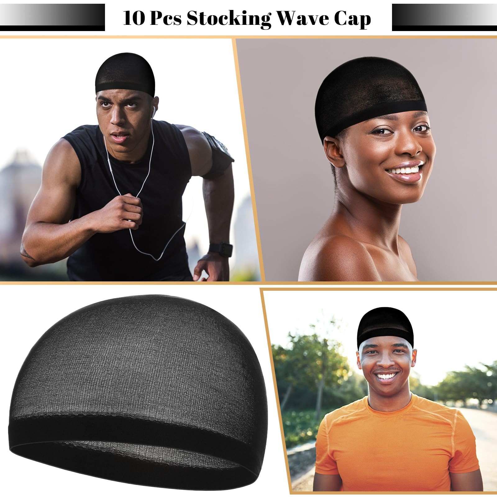 Ramede 10 Pcs 20 Stocking Lightweight Beanie Men Wave Caps, Black
