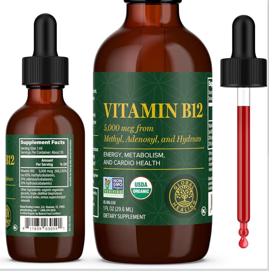 Global Healing Center – Vitamin B12 Sublingual 5000 MCG Organic Liquid 1 Oz