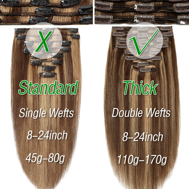 10-24″ Double Weft Clip in 100% Remy Human Hair Extensions Full Head THICK US