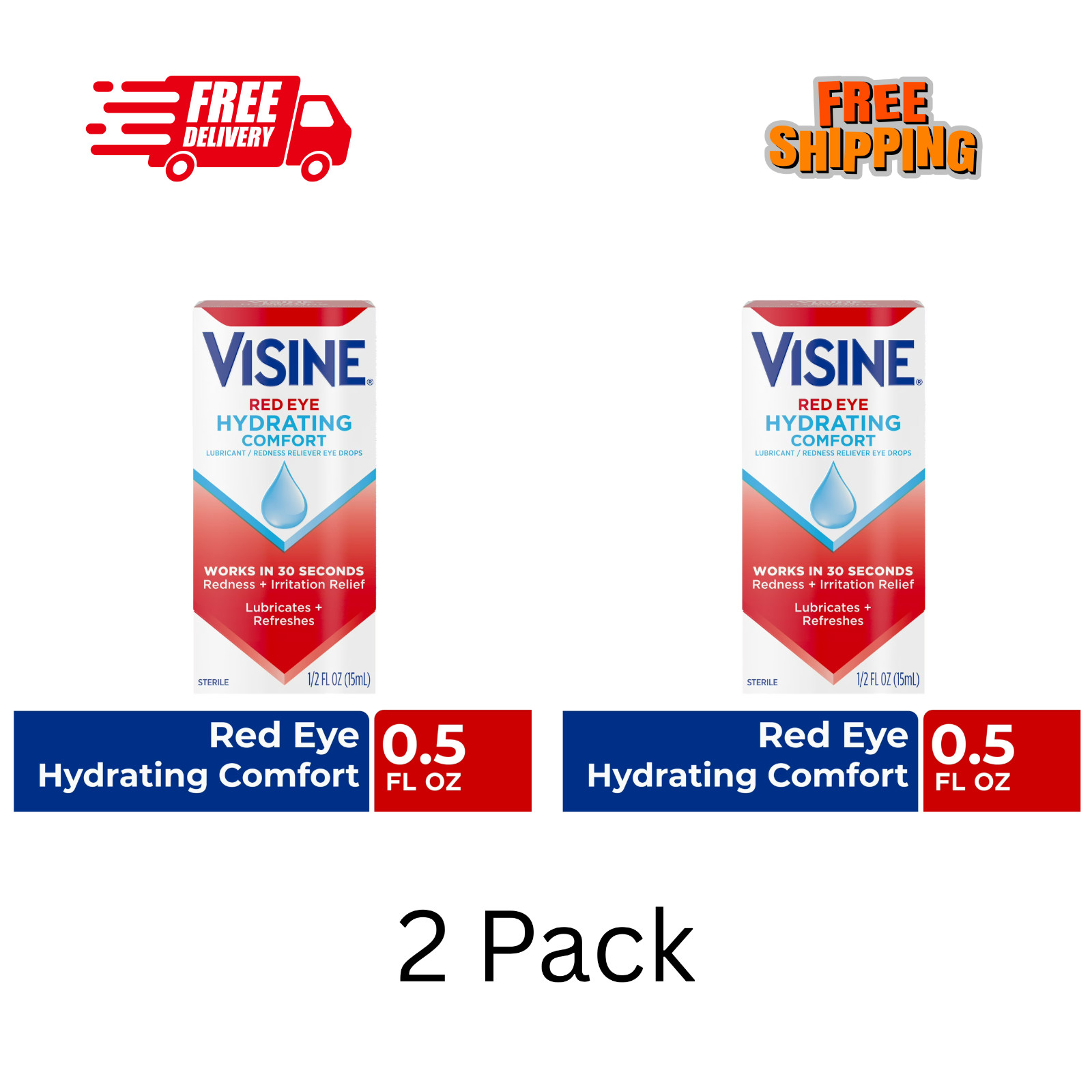 VISINE Red Eye Hydrating Comfort Lubricant Redness Relief Drops 15mL- 2 Pack