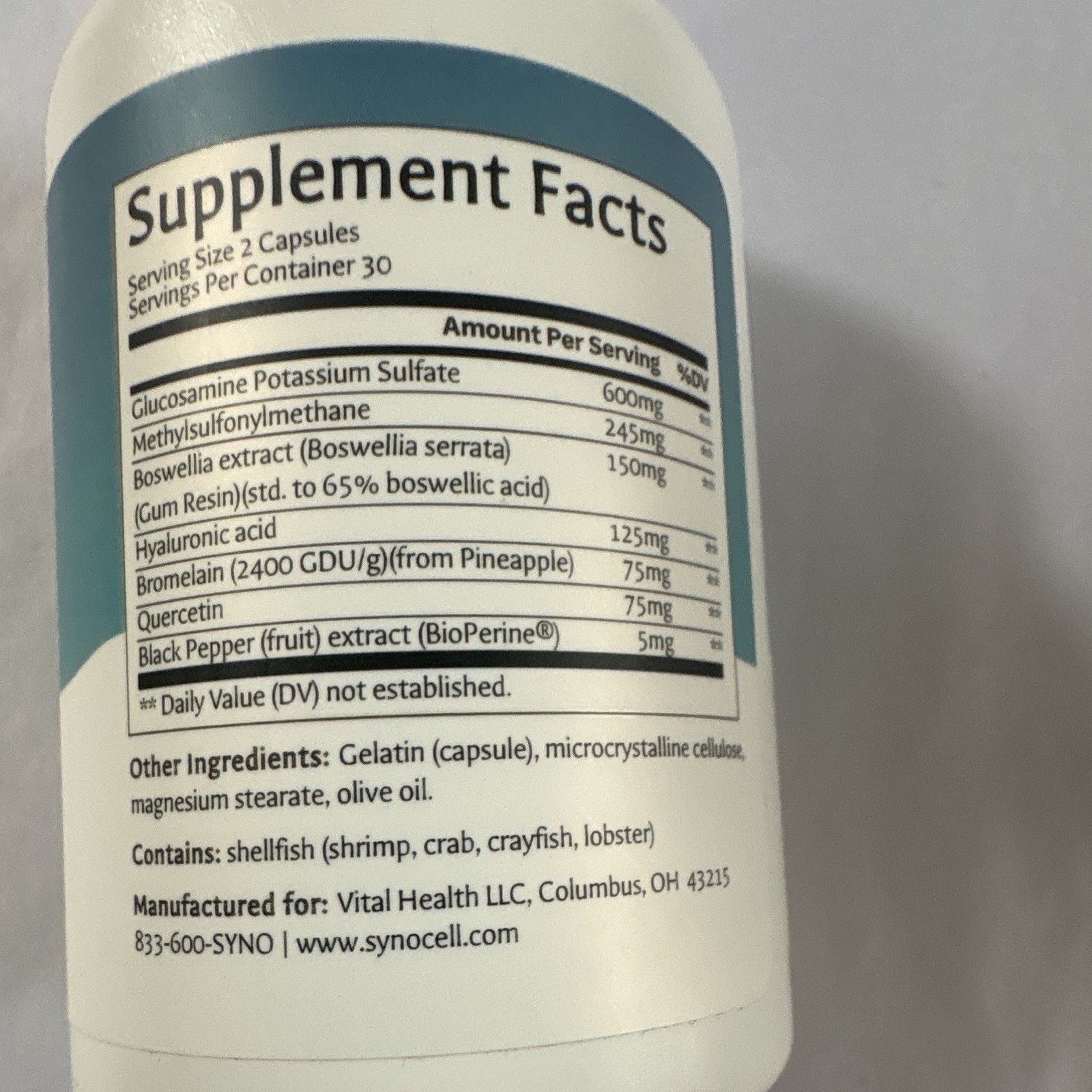 SynoCell Joint Support Glucosamine MSM Boswellia Hyaluronic Acid 60 Caps