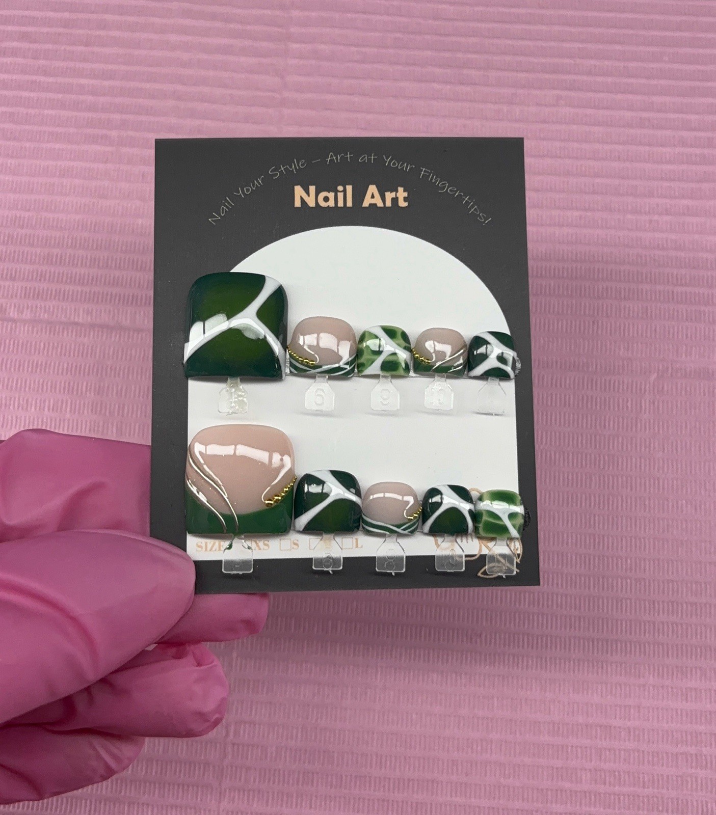 press on toenails green white French tips chrome aura gold blooming gel