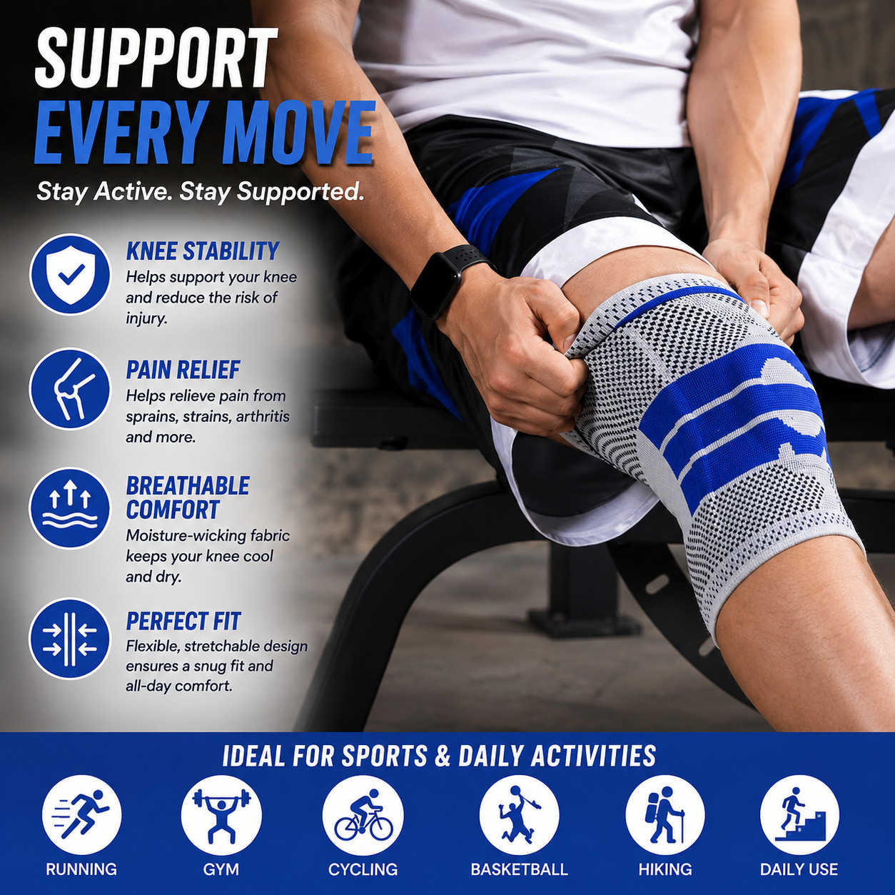 Knee Brace Compression Sleeve Silicone Support Arthritis Joint Pain Relief Wrap