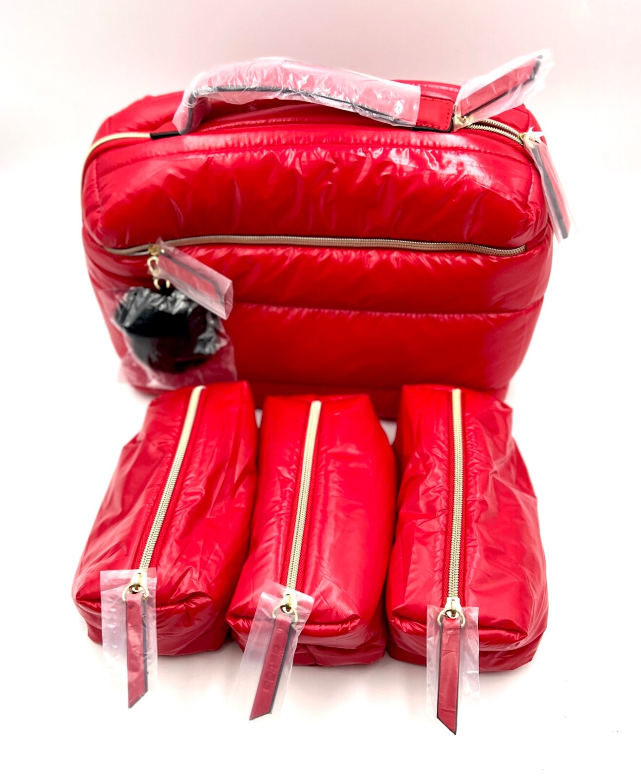 Estee Lauder Fluffy Train Case Bag + 3 Little Bags with Handle ~ Red