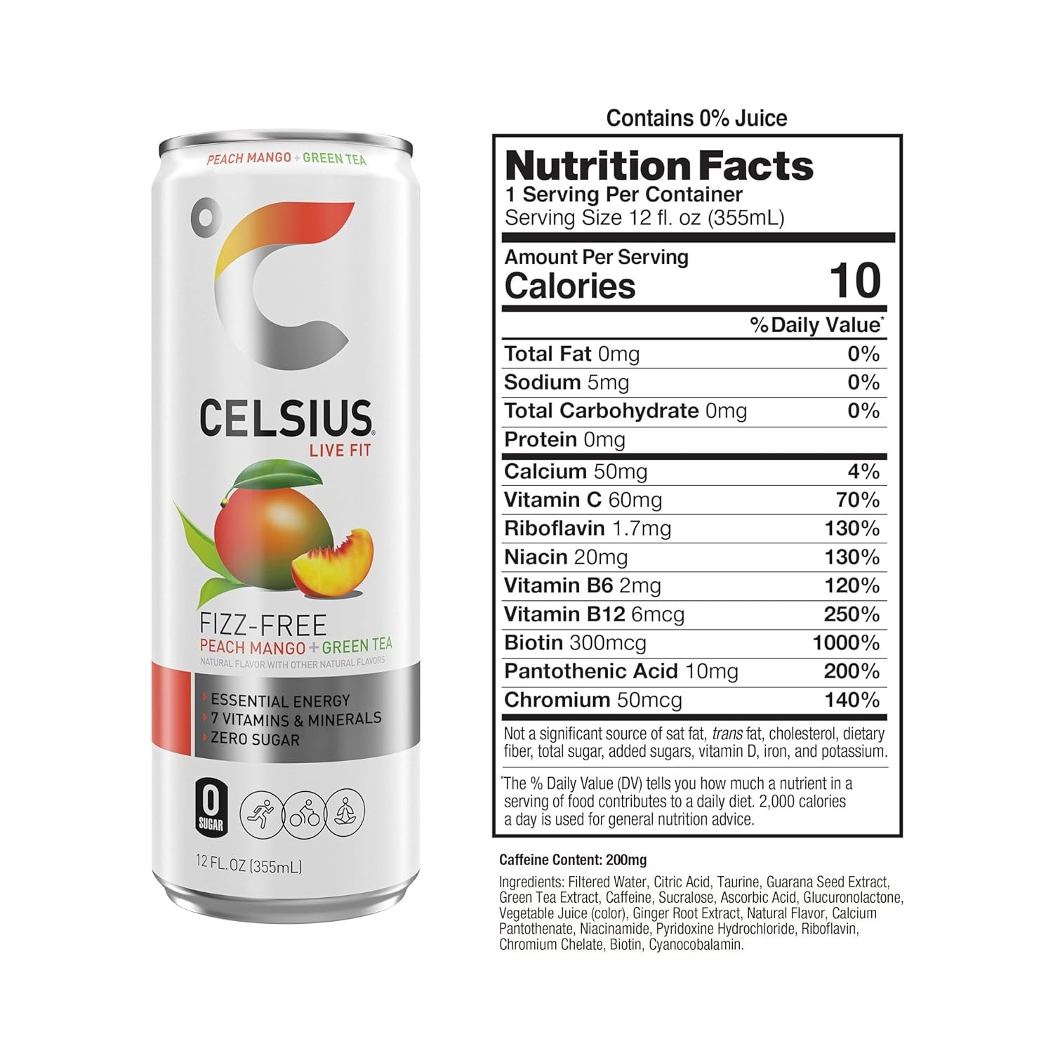 CELSIUS Peach Mango Green Tea, Functional Essential Drink 12 Fl Oz (Pack of 12)