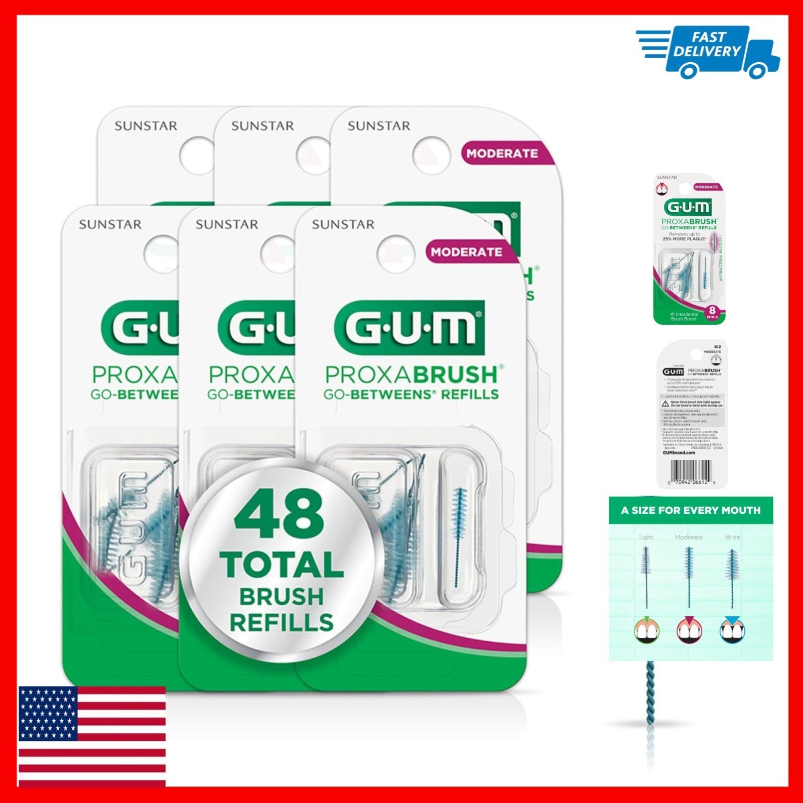 GUM Proxabrush Go-Betweens Moderate Refills – Interdental Brushes 8 Count