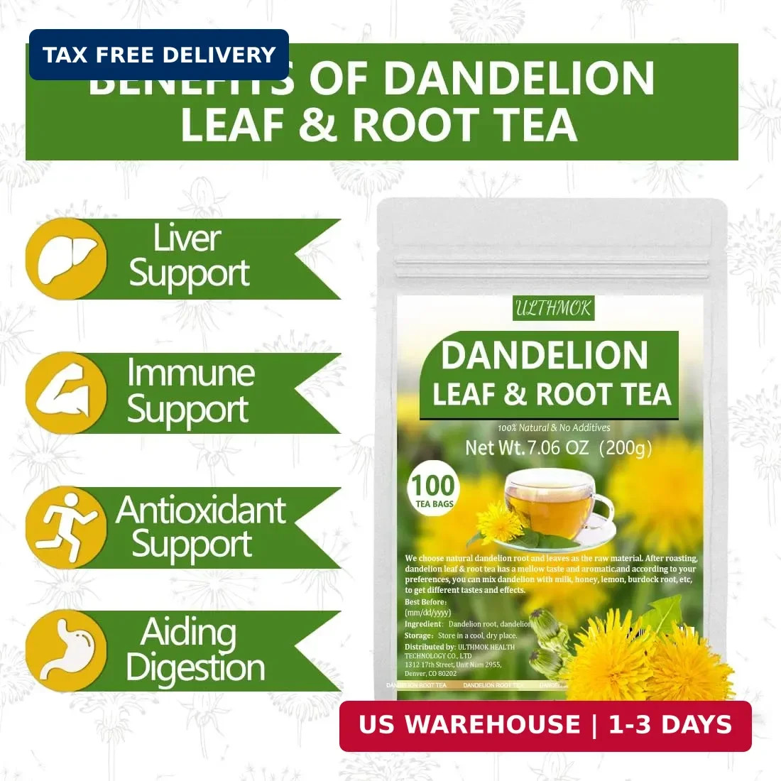 Dandelion Tea 100-Leaf & Root Herbal Tea Bags for Liver & Kidney Health Detox