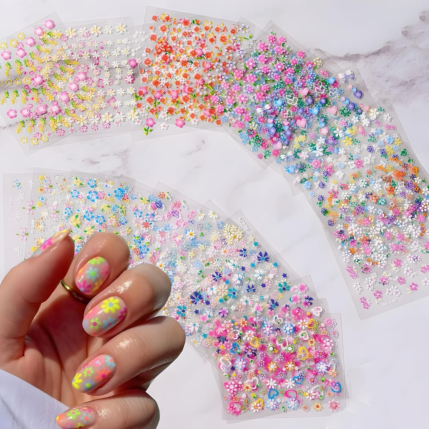 3D Colorful Daisy Floral Heart Nail Art Stickers Decals