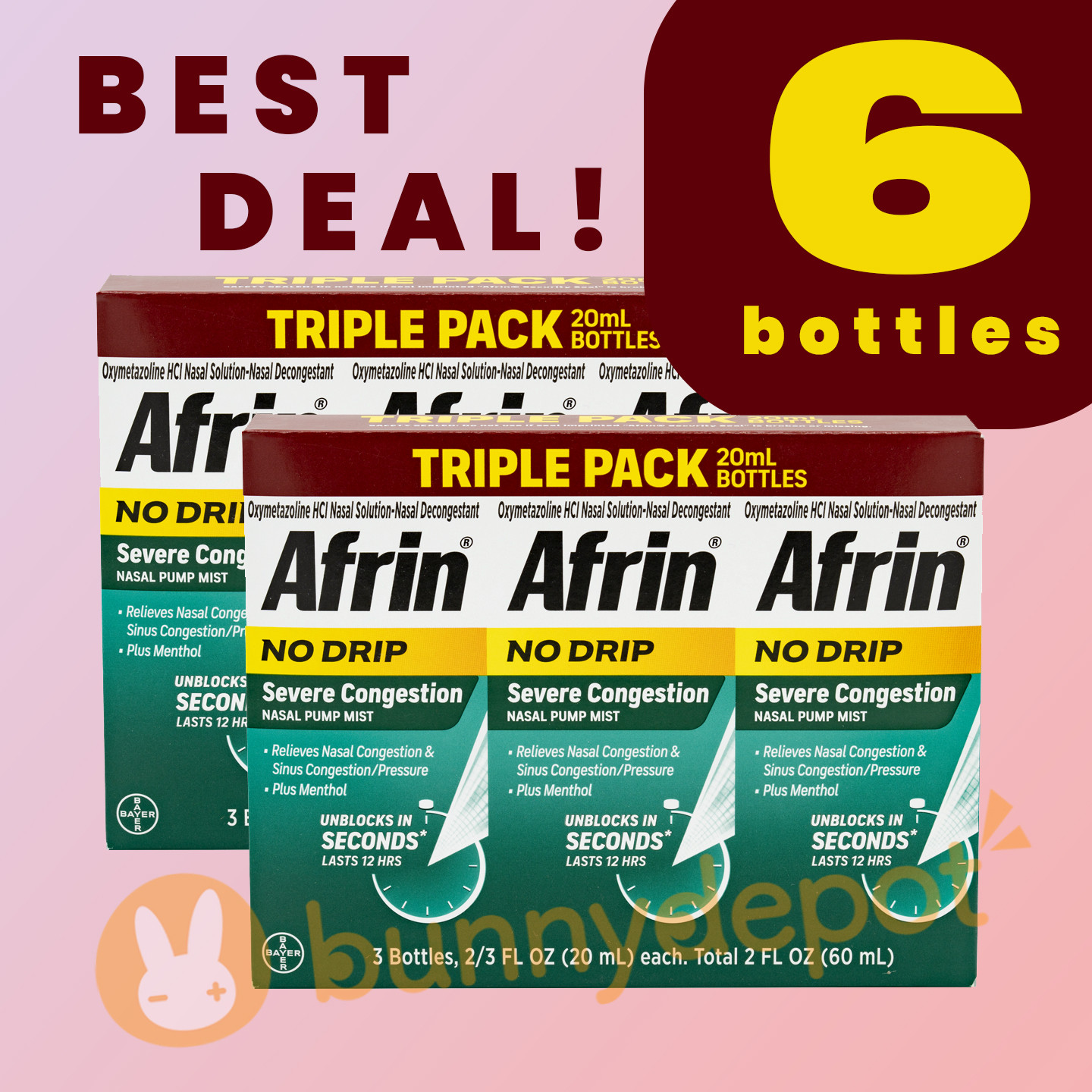 Afrin Severe Congestion No Drip TRIPLE PACK, 2/3 FL OZ 20ml *6 Total 120ml 2027+