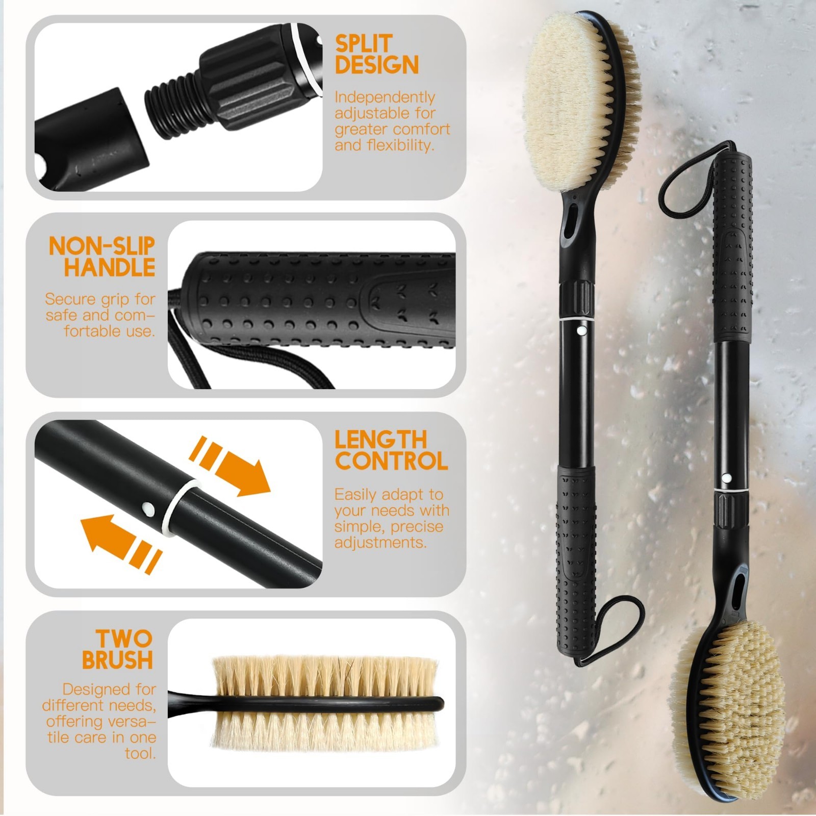Dual-Sided Back Scrubber with Soft & Stiff Bristles, 17”-25” Long Handle Body