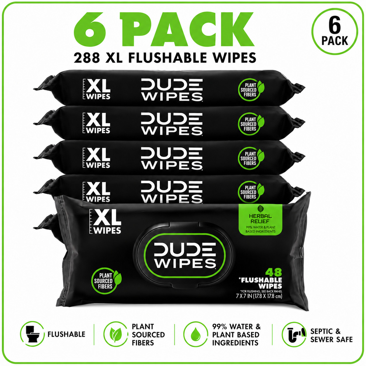 Dude Wipes – Flushable Wipes – 6 Pack, 288 Count – Herbal Relief Extra-Large