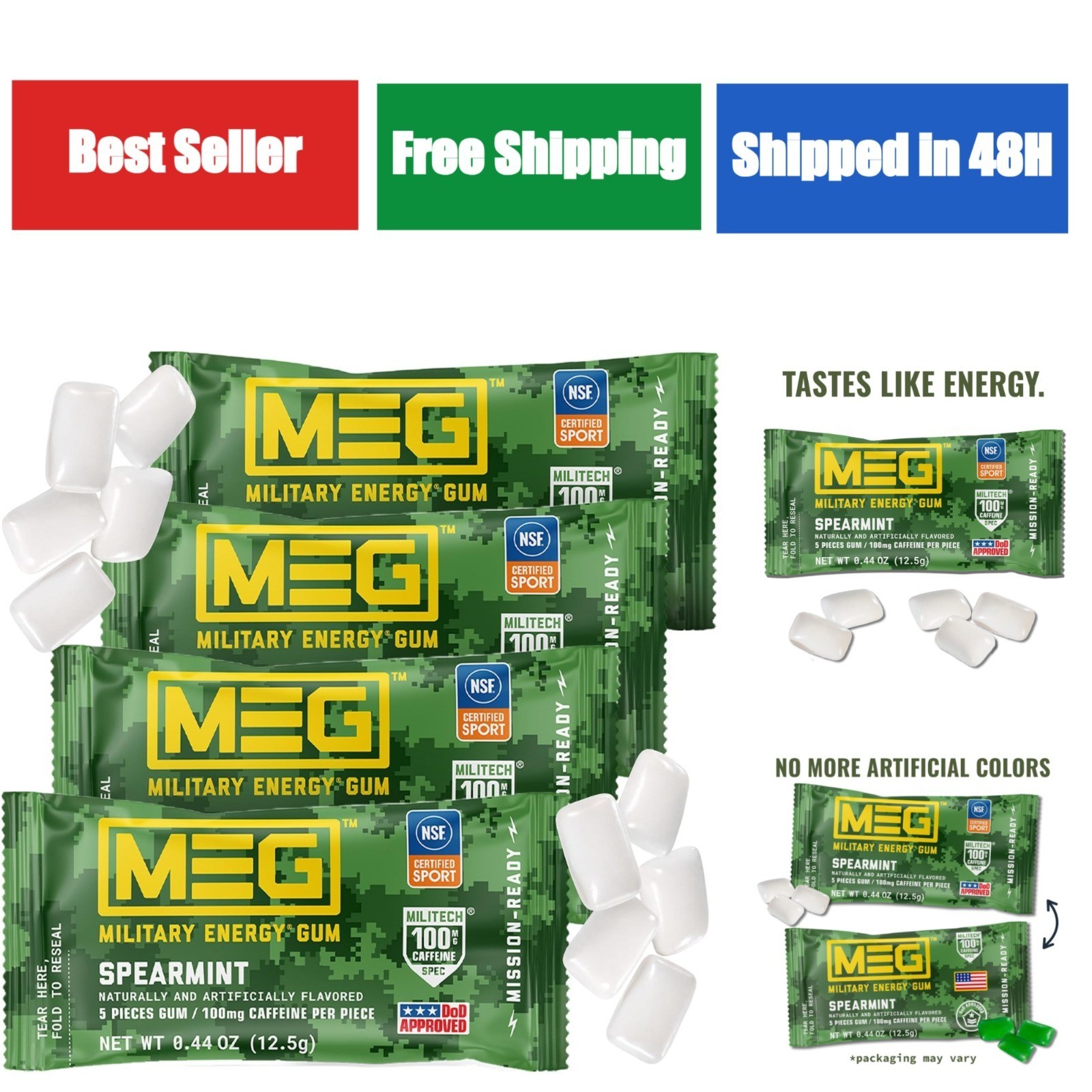 MEG Military Energy Gum – Spearmint | 100mg Caffeine – 20 Count