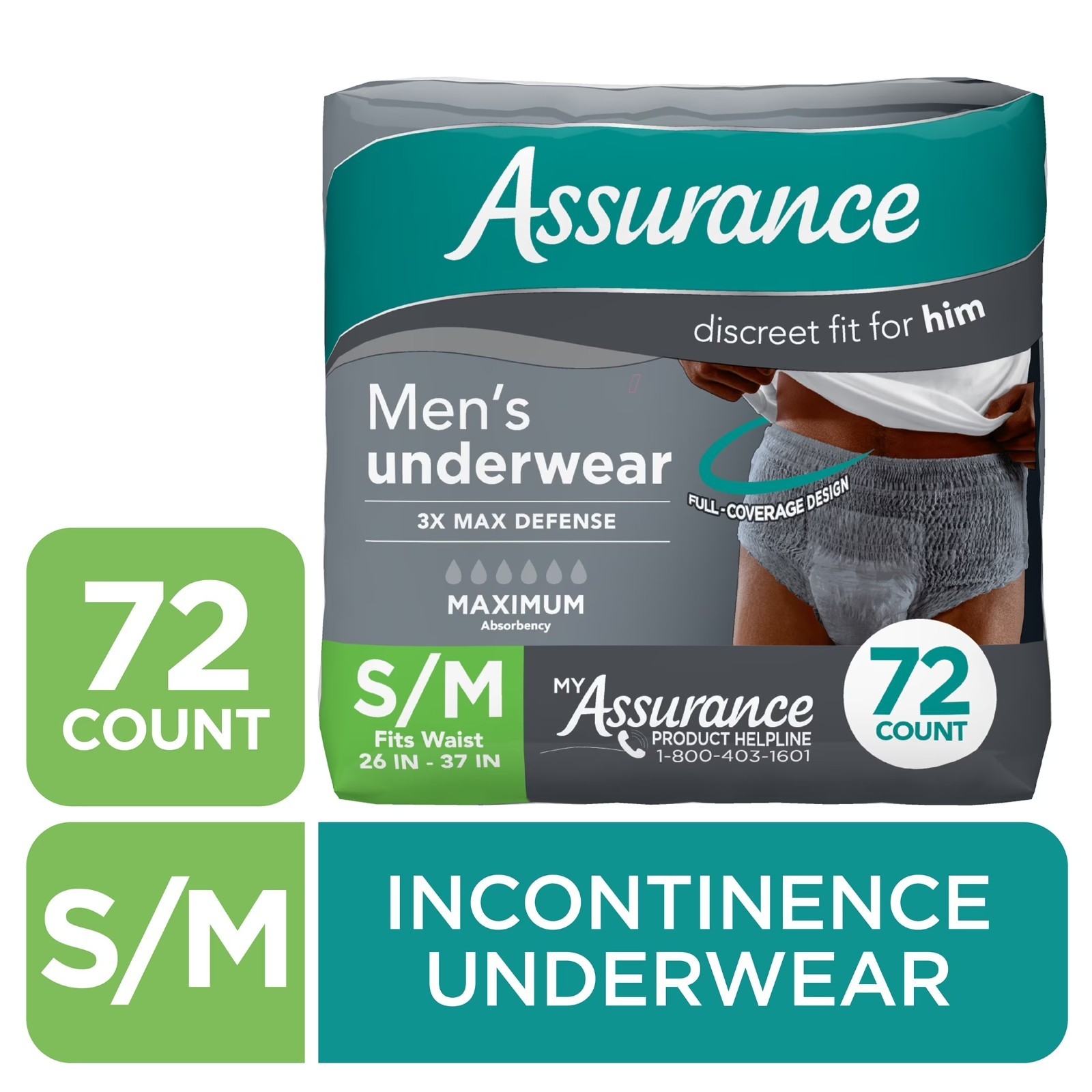 Assurance Men’s Incontinence Underwear S/M Maximum Absorbency 72 Count