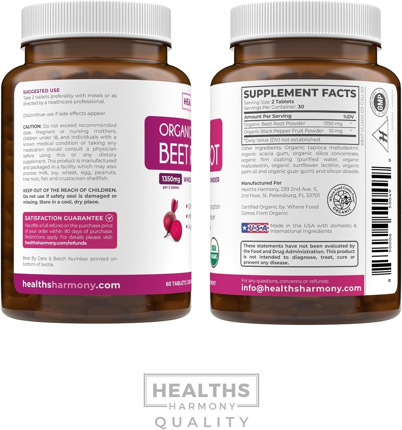 USDA Organic Beet Root Powder 1350mg Beets Per Serving, Black Pepper, 60 ct