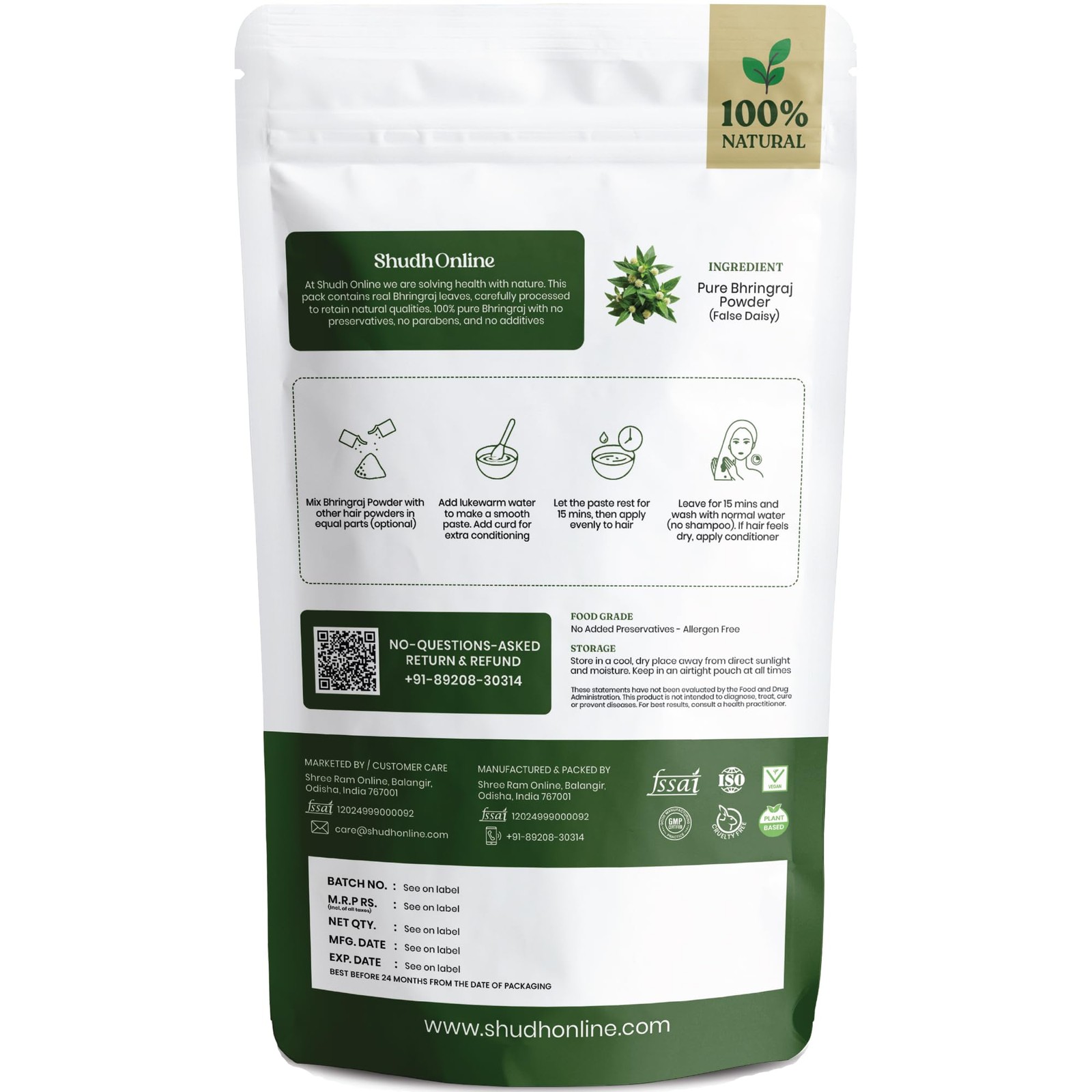 Bhringraj Powder Organic for Hair Growth 3.5 oz 0.2 lb Eclipta Alba for Hair…