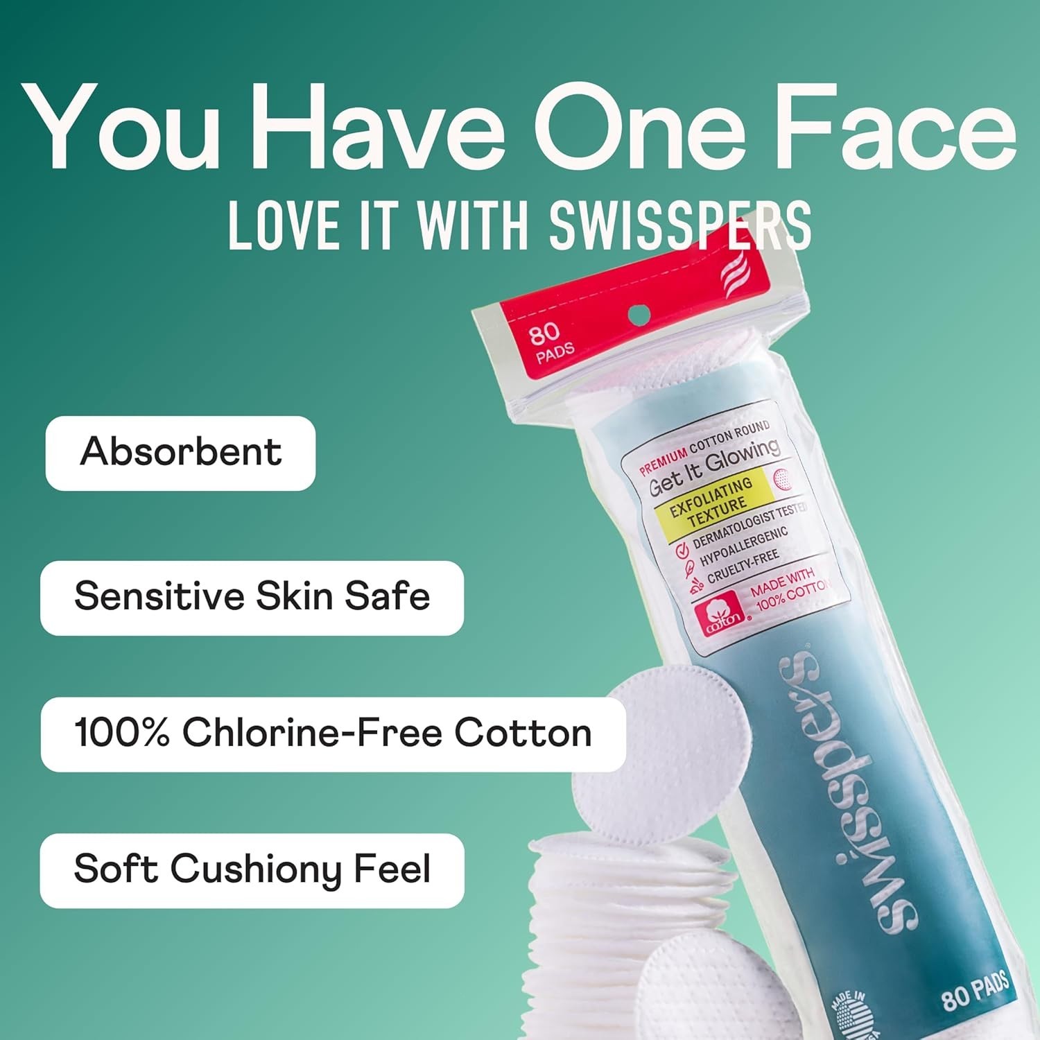 Swisspers Exfoliating Rounds 80 Pack, Dual Textured Cotton Facial Pads