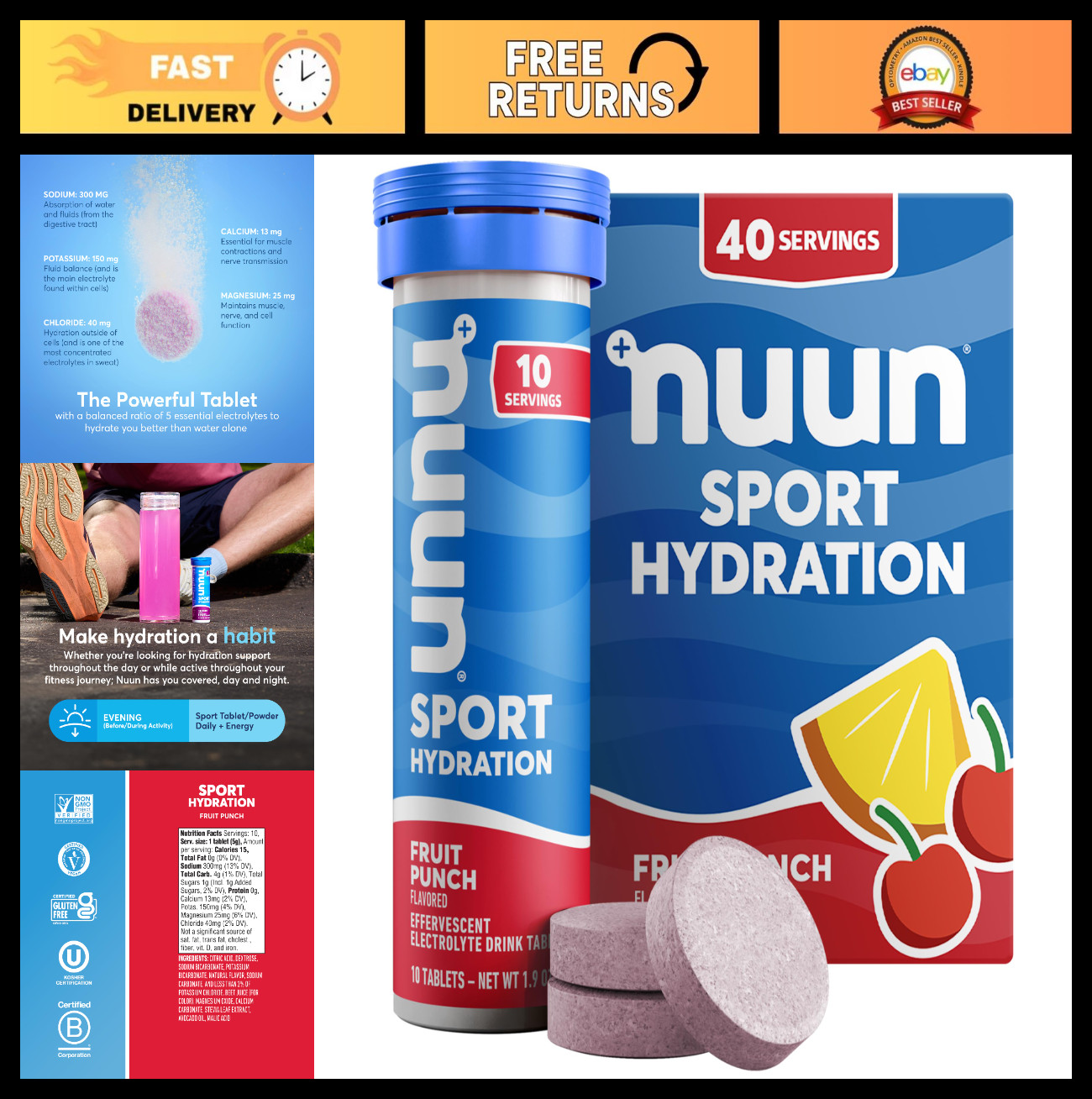 Electrolyte Tablets for Sports Hydration, Fruit Punch Flavor, GF & Vegan, 4 Pack