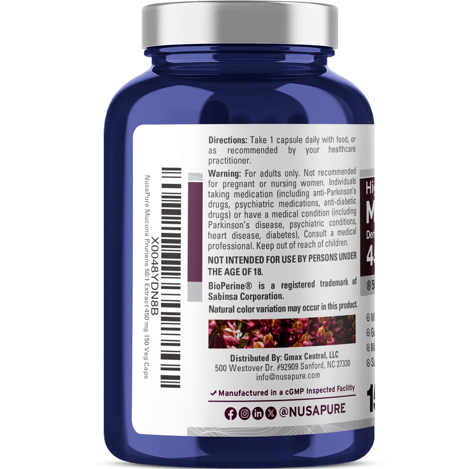NusaPure Mucuna Pruriens 22500mg 150 Veggie Caps Non-GMO, Vegan