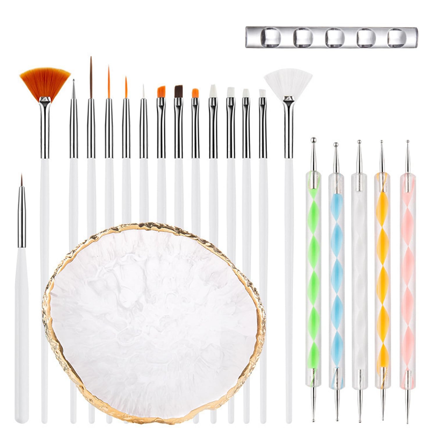 Nail Art Brush 22 Piece Set, 2 Way Acrylic Silicone Engraving Pen White