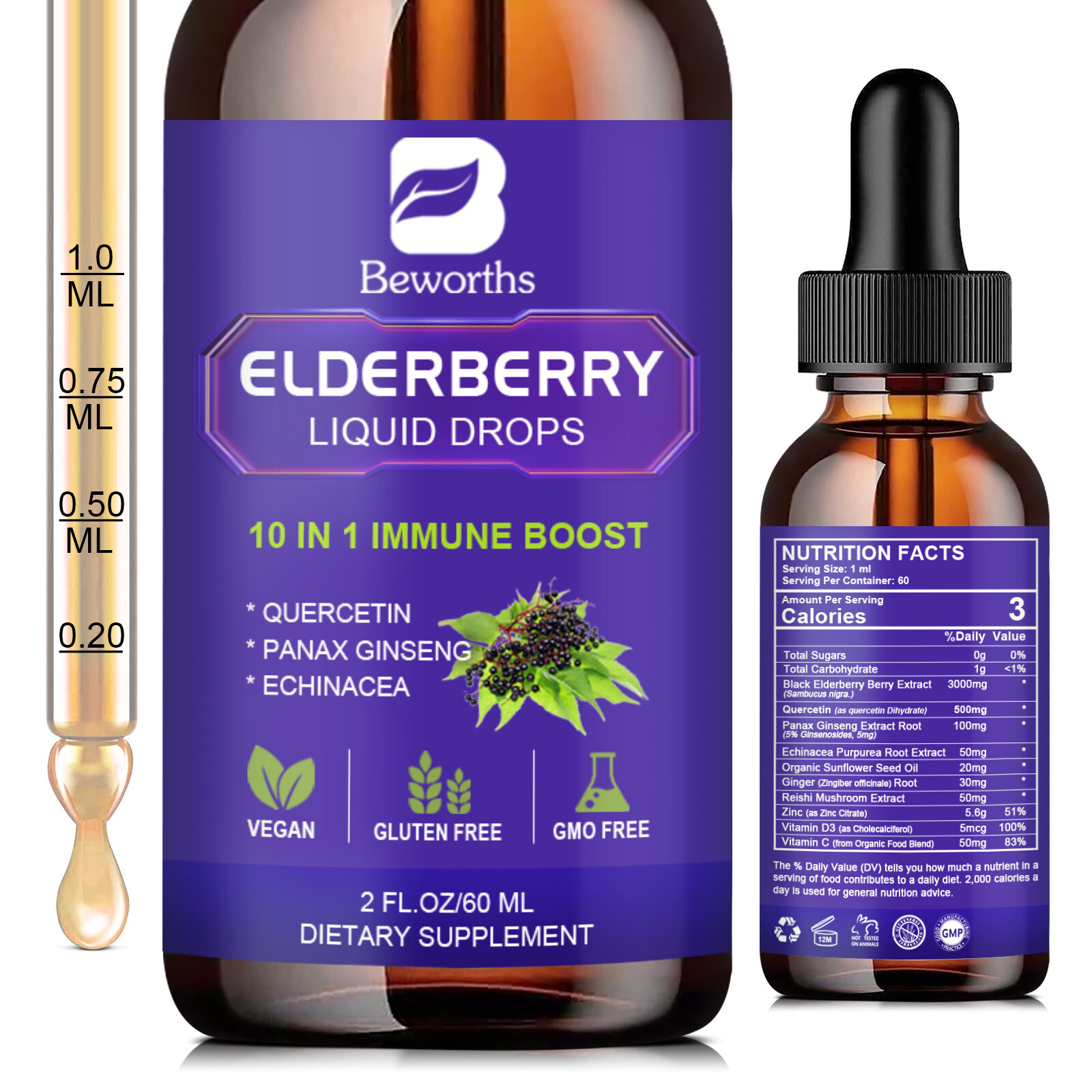 Elderberry Syrup Immune Support High Flavonoid Non-GMO Vegan 3000mg 4oz