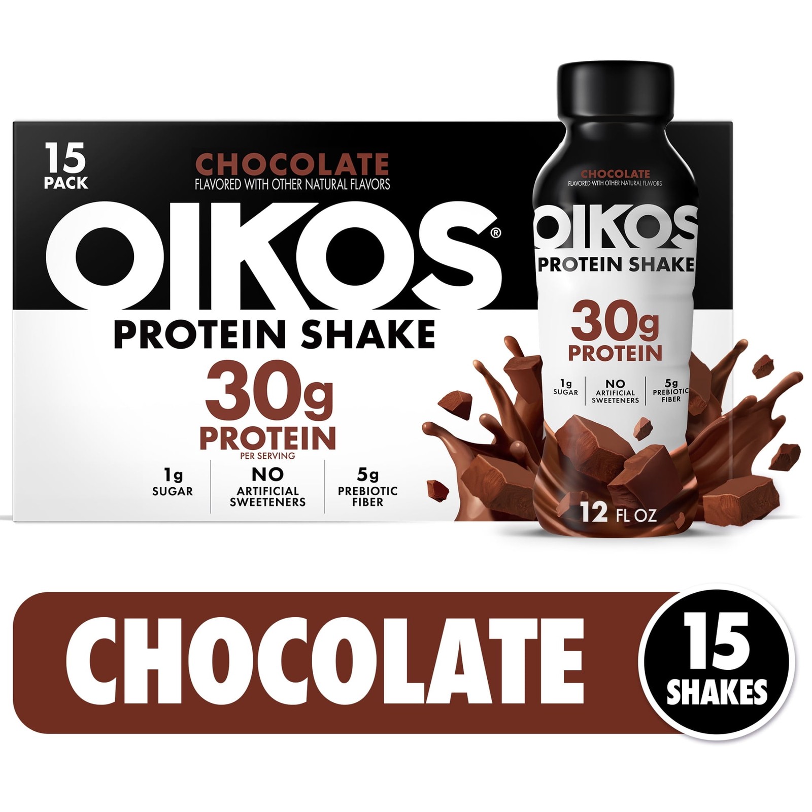 Oikos Protein Shake, Chocolate, 30g Protein, Shelf Stable, 12 Fl Oz Bottle 15 Ct