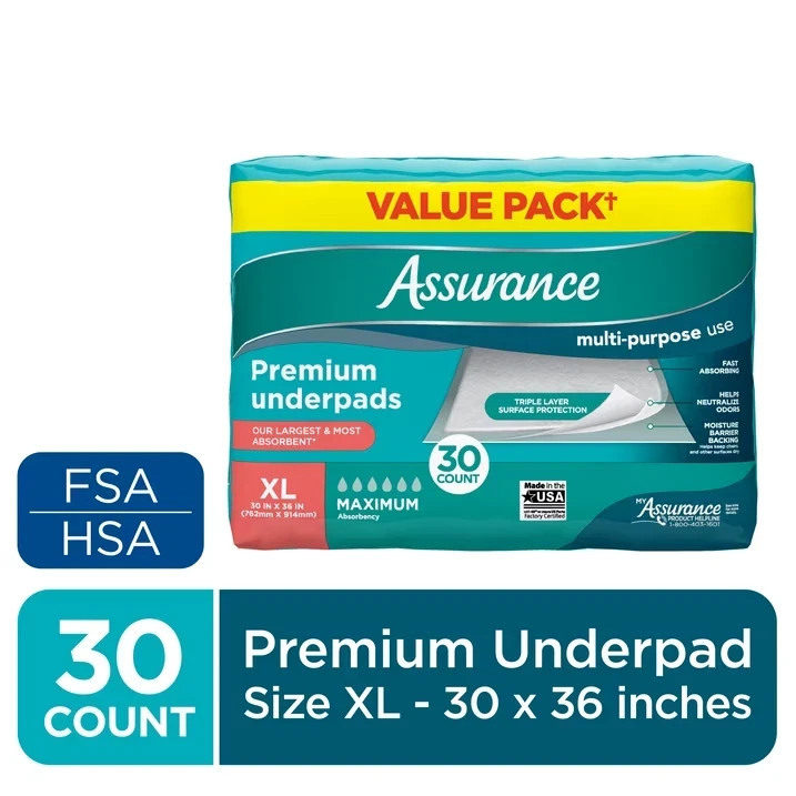 Assurance Premium Underpads For Adult XL, 30″x 36″ Maximum Absorbency, 30 Count