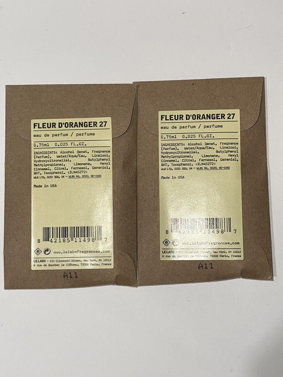 X2 Le Labo Fleur D’ORANGER 27 Eau de Parfum Fragrance Sample 0.75ml/.025oz New