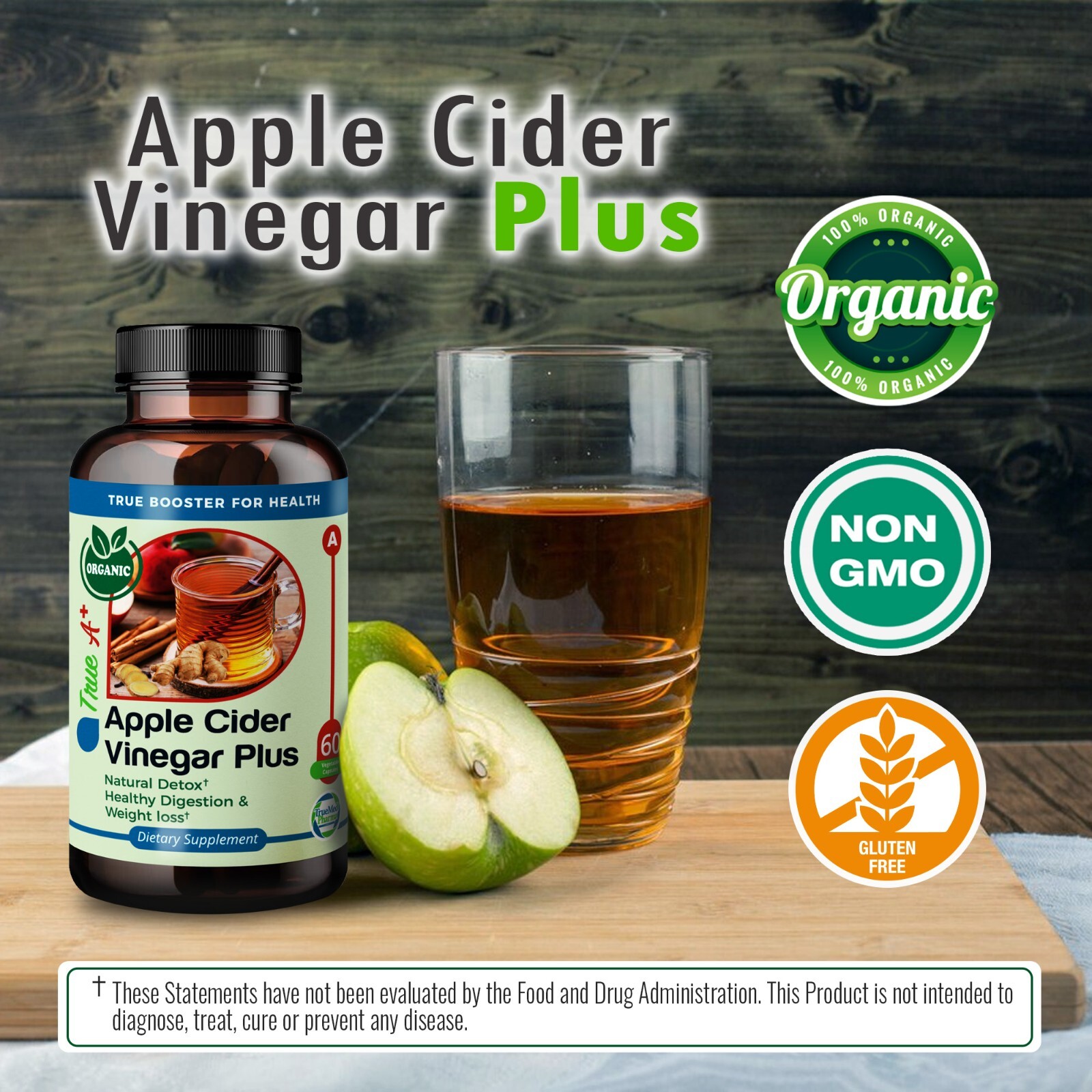 TrueMed Apple Cider Vinegar Plus Ginger Root Cinnamon 650mg 60 Capsules