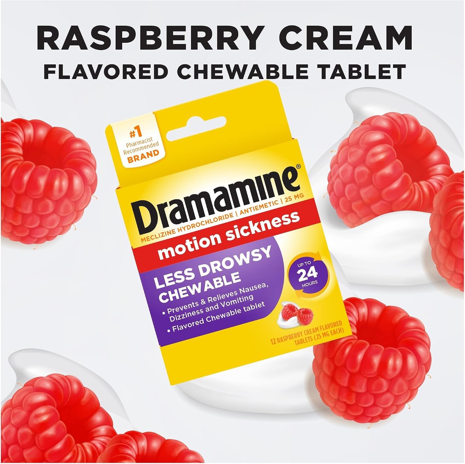 Dramamine Motion Sickness Less Drowsy Raspberry Cream Chewable, 12 Ct, 2 Pk | Ch