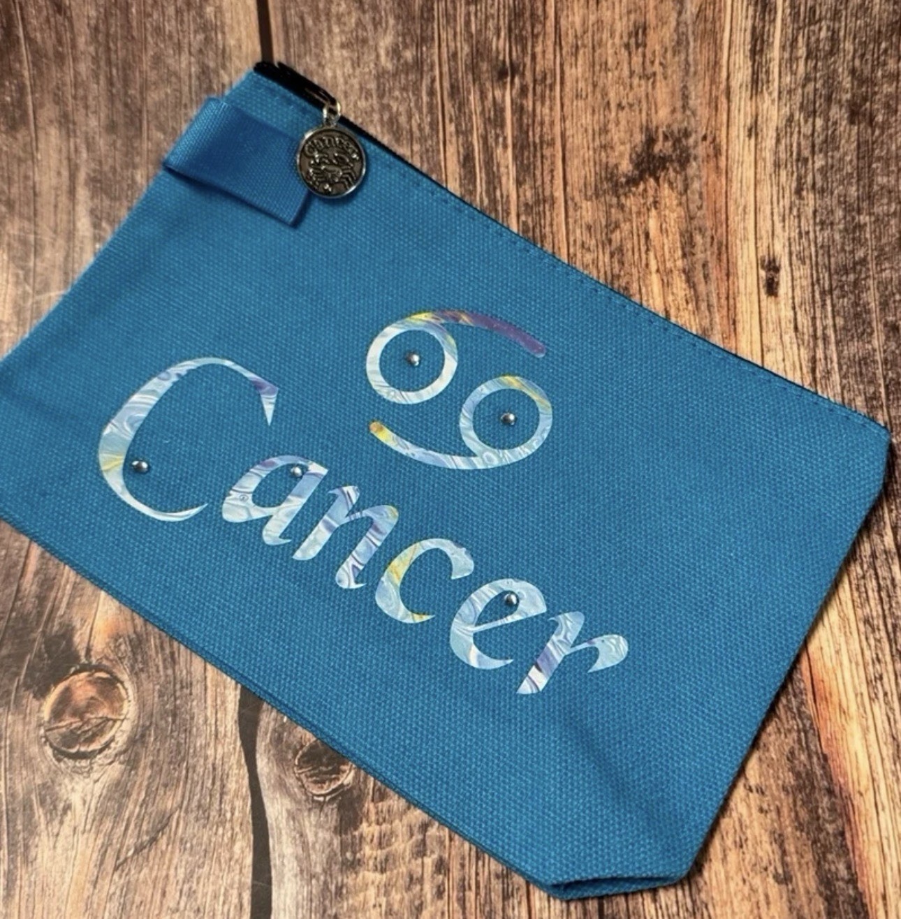 NEW Blue 7”x5” Canvas Zippered Pouch with Cancer Design & Charm Item #PHK4824