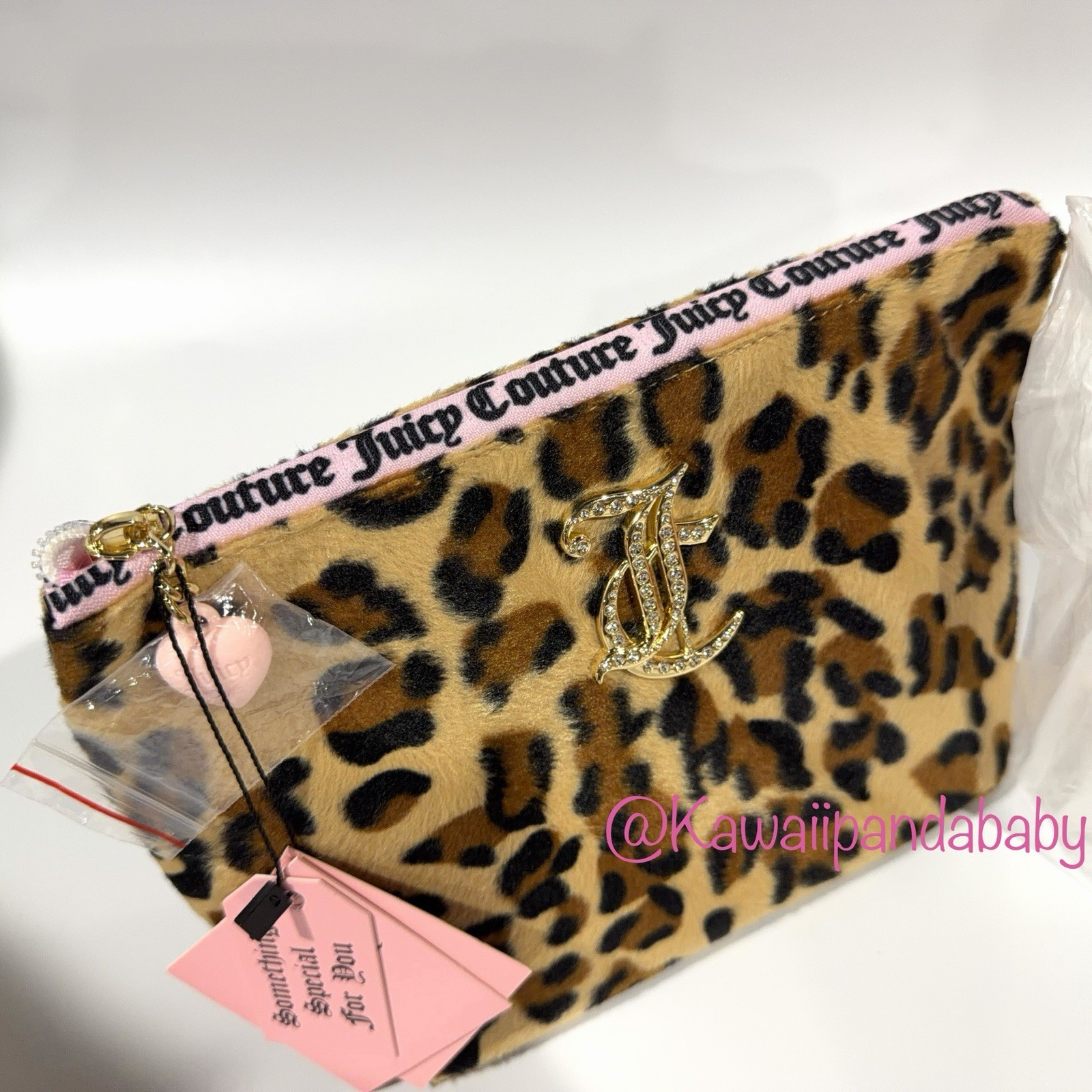 Nwt Juicy Couture Leopard Animal Print Faux Fur Gold Bling Travel Cosmetics Bag