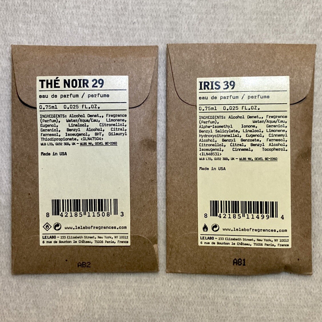 Le Labo The Noir 29 + Iris 39 Eau de Parfum EDP Sample Vial Set .025oz, .75ml Ea