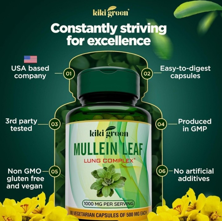 KIKI Green Mullein Leaf Extract Capsules Vegan Herbal Supplement Lung Cleanse 90