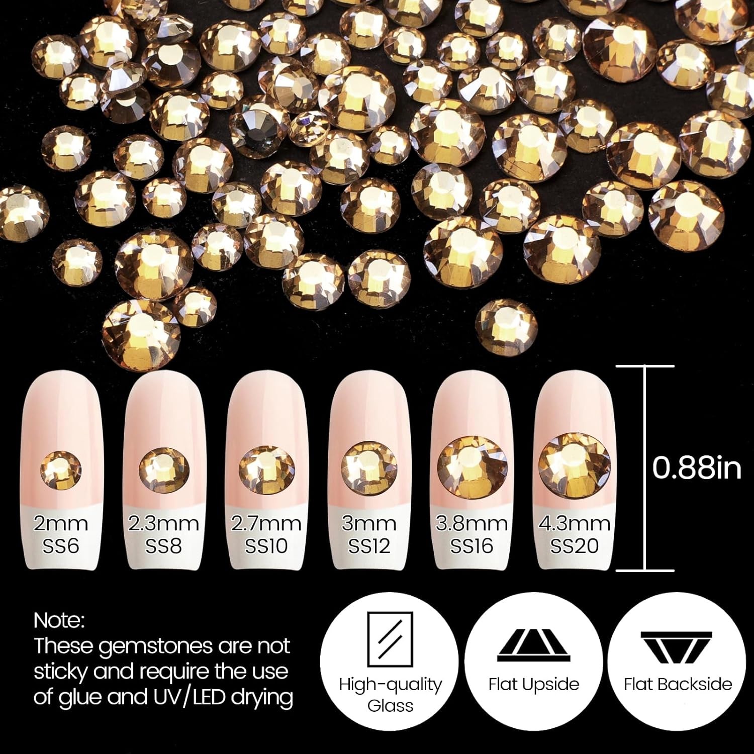 2120 Pcs Champagne Gold Crystal Nail Rhinestones Small, S4-Champagne