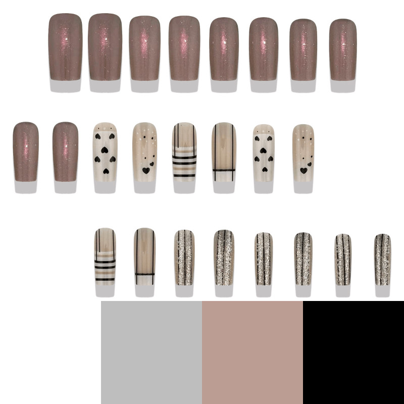 48pcs Medium Square Nude Silver Glitter Stripe Heart Minimalist Press on Nails