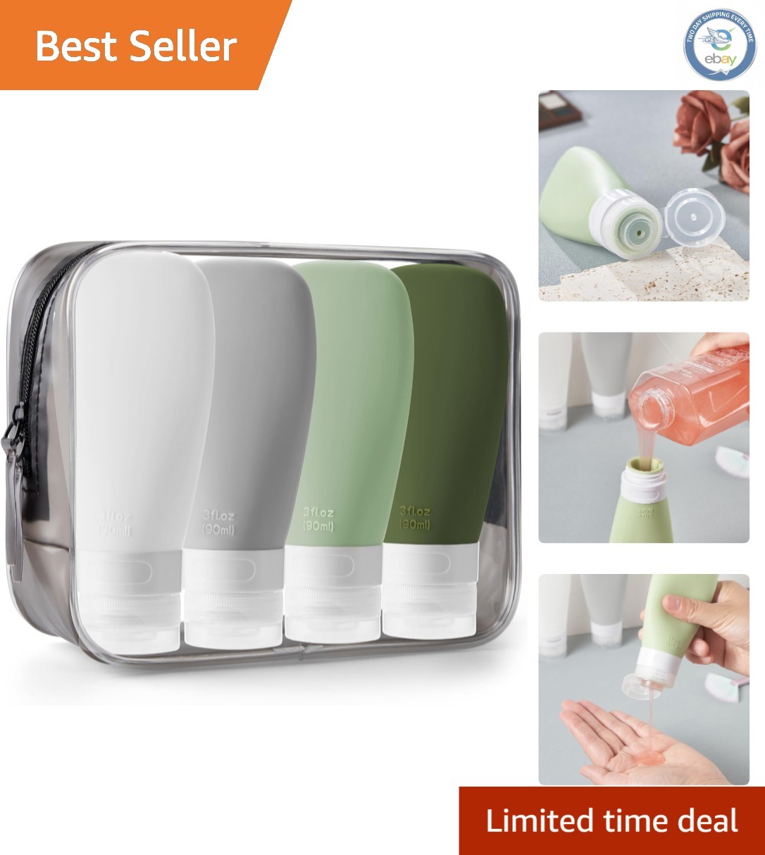 TSA Approved Leak-Proof Travel Bottles, 4 Pack BPA Free Silicone Essentials