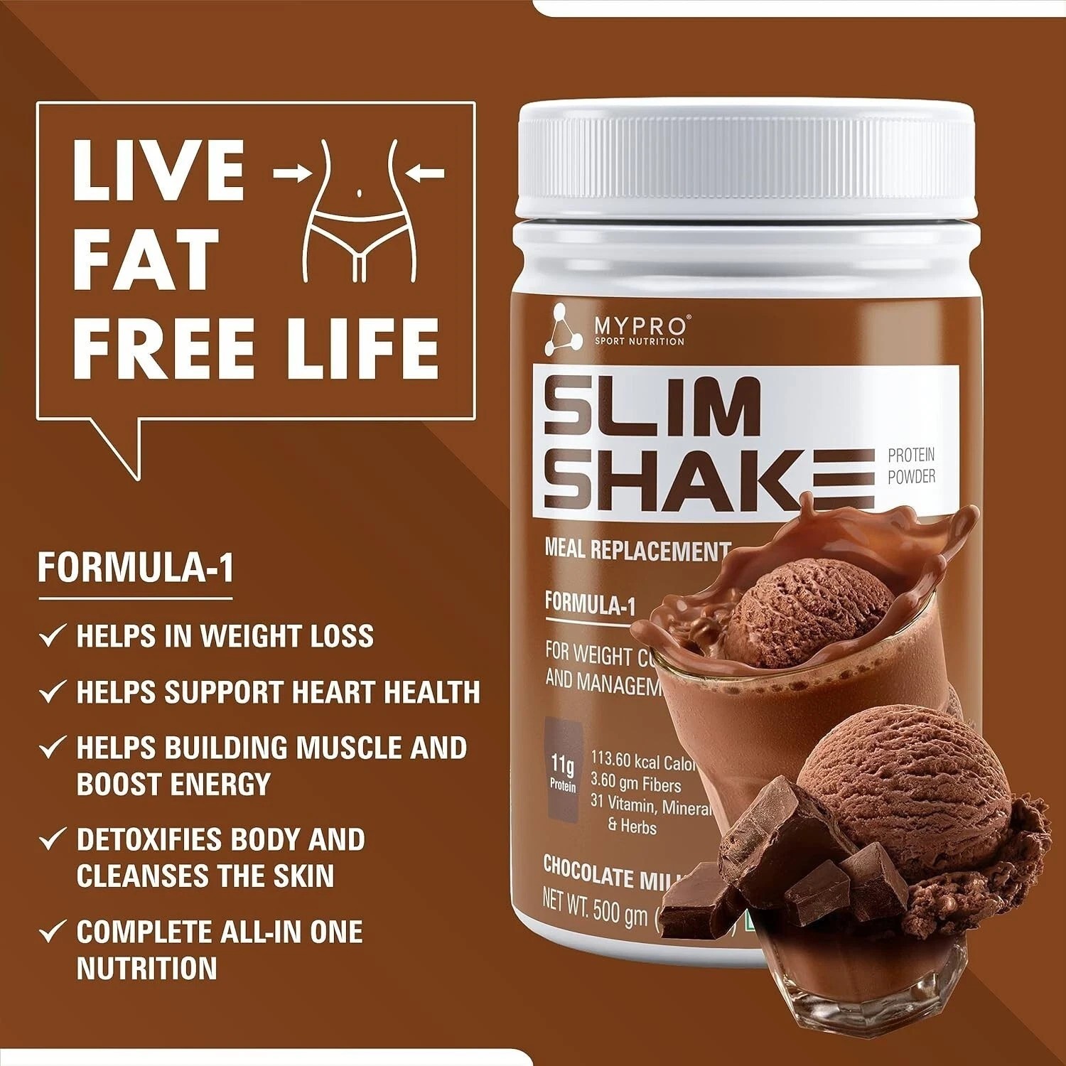 Mypro Sport Nutrition Slim Shake Protein Powder, Sugar-Free, Chocolate 500gm