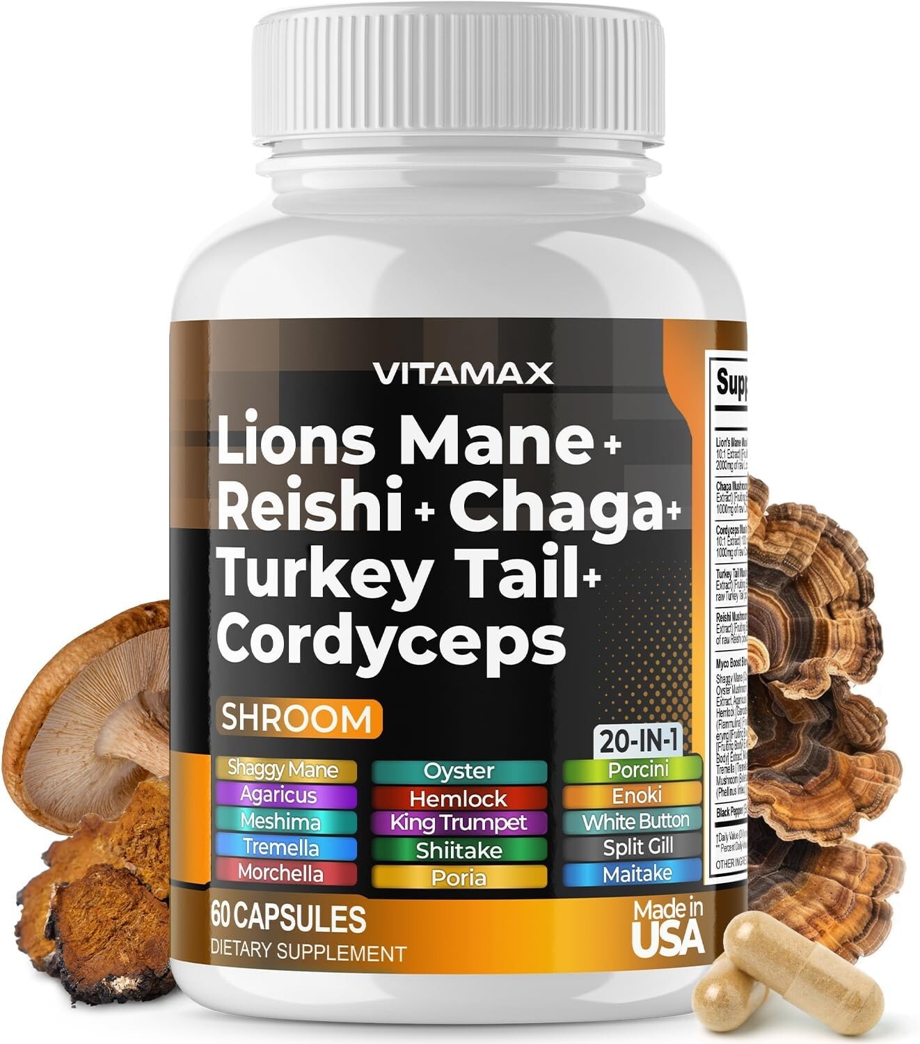 Lions Mane Mushroom 3000mg Turkey Tail 2000mg – 60 Ct. (Pack of 1)