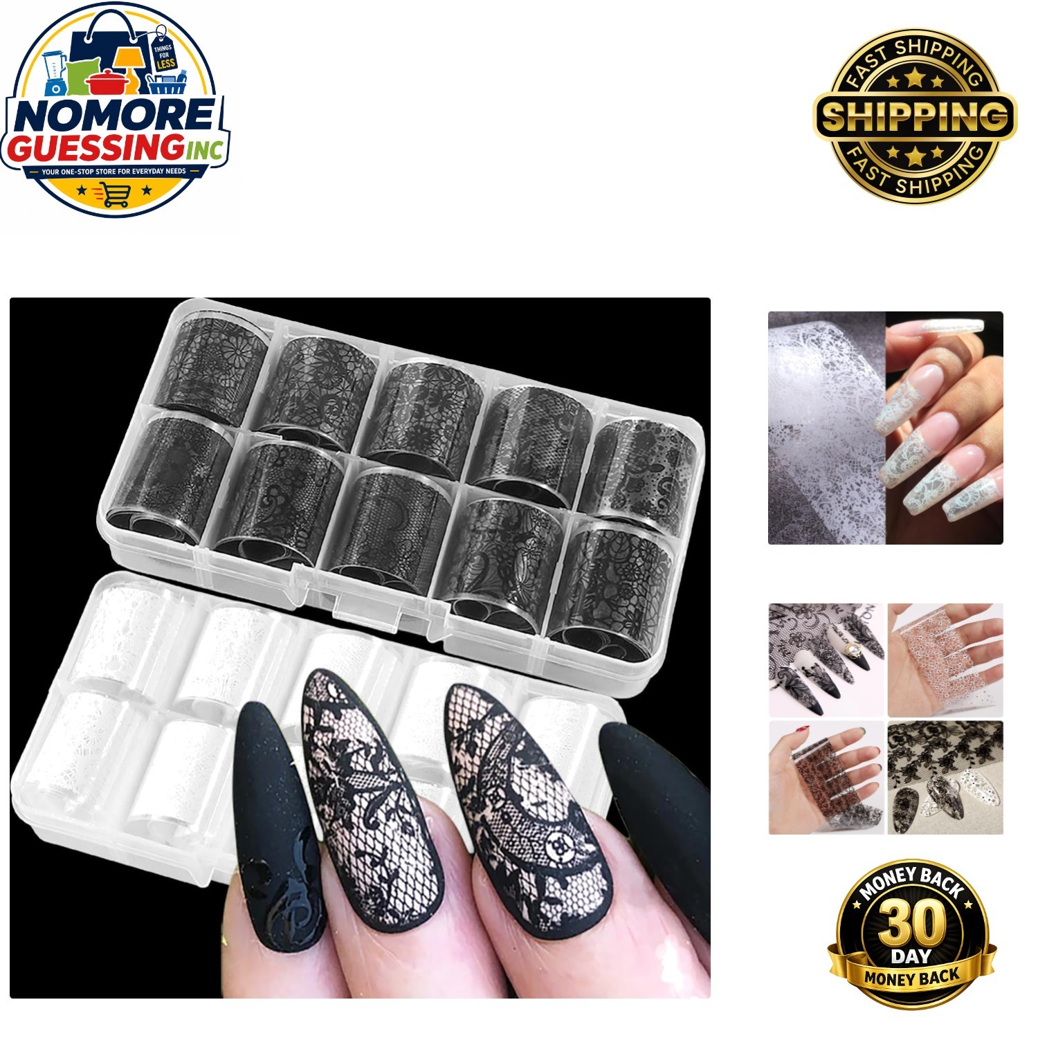 Artistic Lace Nail Foils – 20 Rolls of Waterproof Black & White Floral Decor