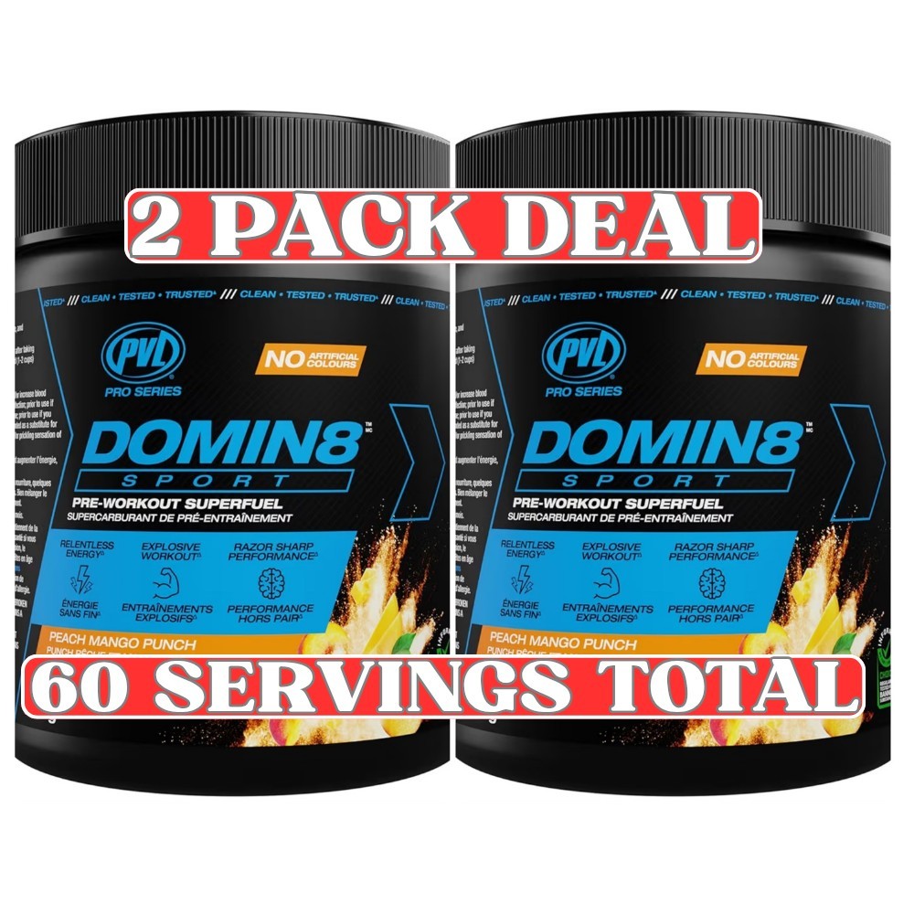PVL Domin8 Sport Pre-Workout 2-Pack 225g Peach Mango Punch 60 Servings Energy