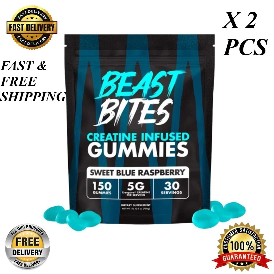 Beast Bites Creatine Infused Gummies Sweet Blue Raspberry – 30 Servings 10.5 oz