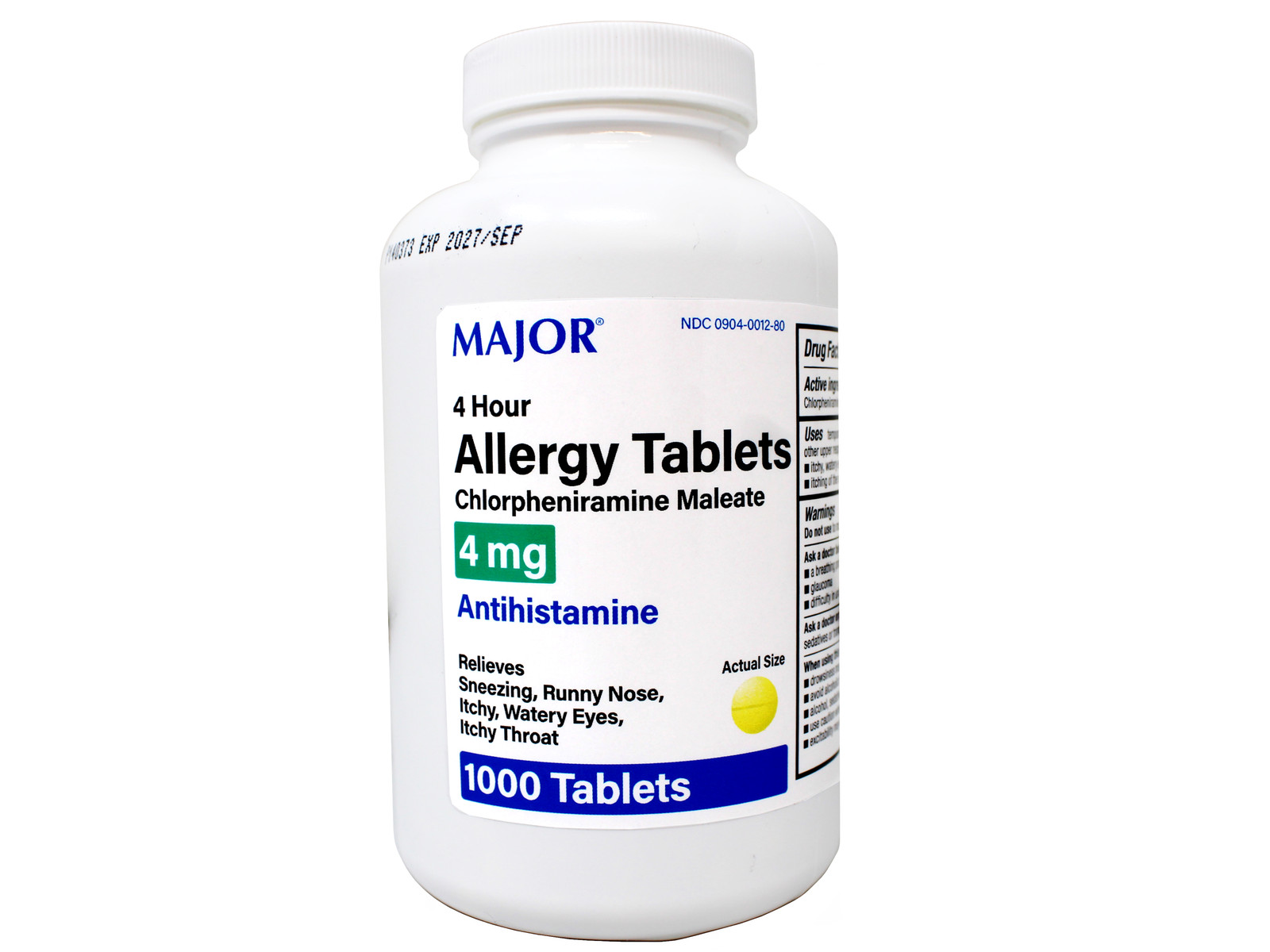 Major Allergy Tablets, Chlorpheniramine Maleate 4 mg 1000 Tablets