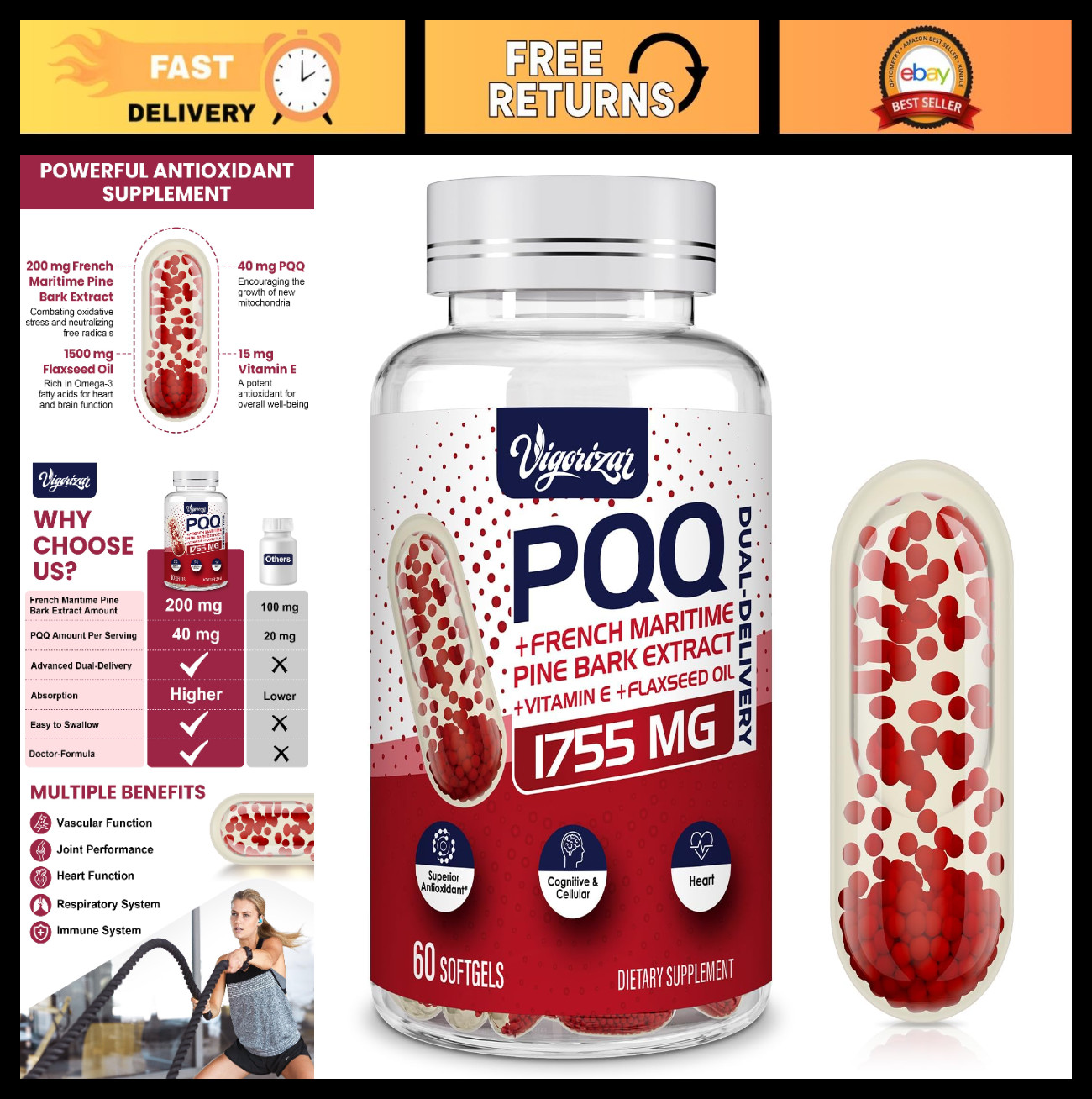 200 mg Pycnogenol with PQQ, Vegan Softgels for Heart, Joint & Vascular Health –