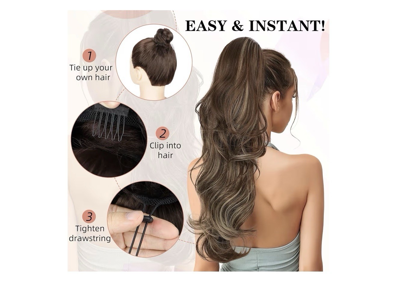 26″ Drawstring Ponytail Extension Dark Brown Long Wavy Hairpiece Women