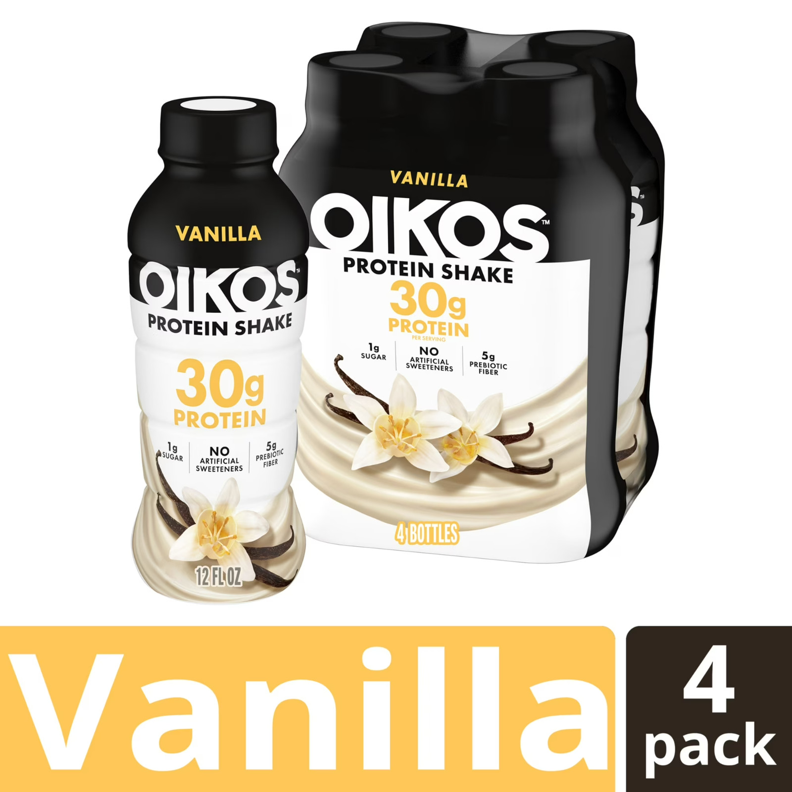 Oikos Protein Shake, Shelf Stable, Vanilla, 30g Protein, 12 fl oz, 4 Count​ Bott