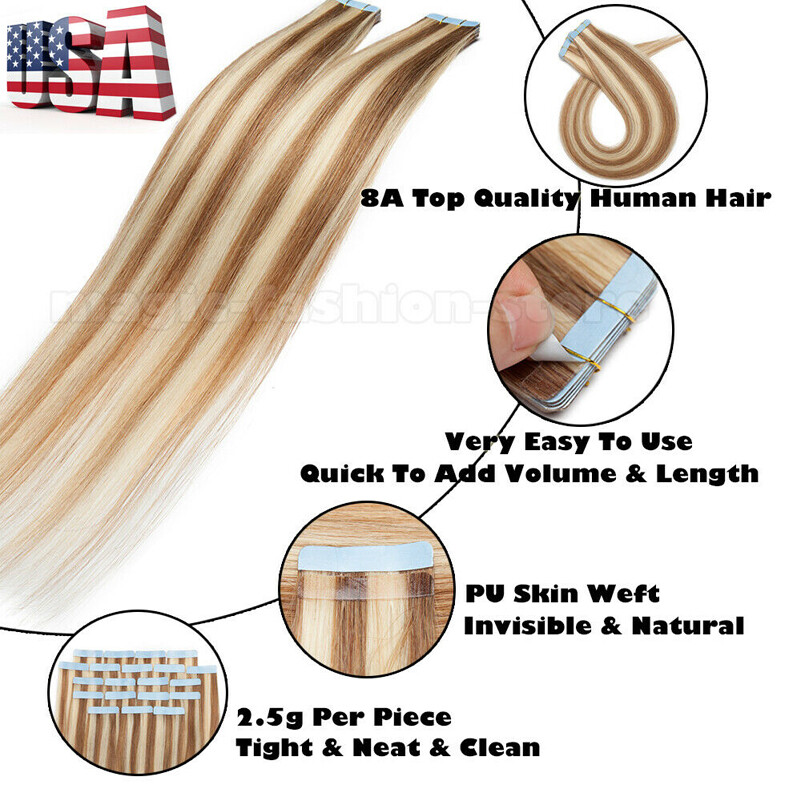 Seamless Tape In Remy Human Hair Extensions Russian Skin Weft Full Head USA Long