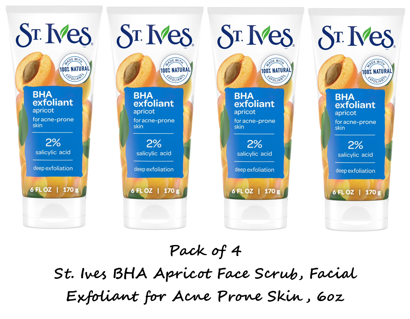 St. Ives BHA Apricot Face Scrub, Facial Exfoliant for Acne Prone Skin 6oz ​x4 pk