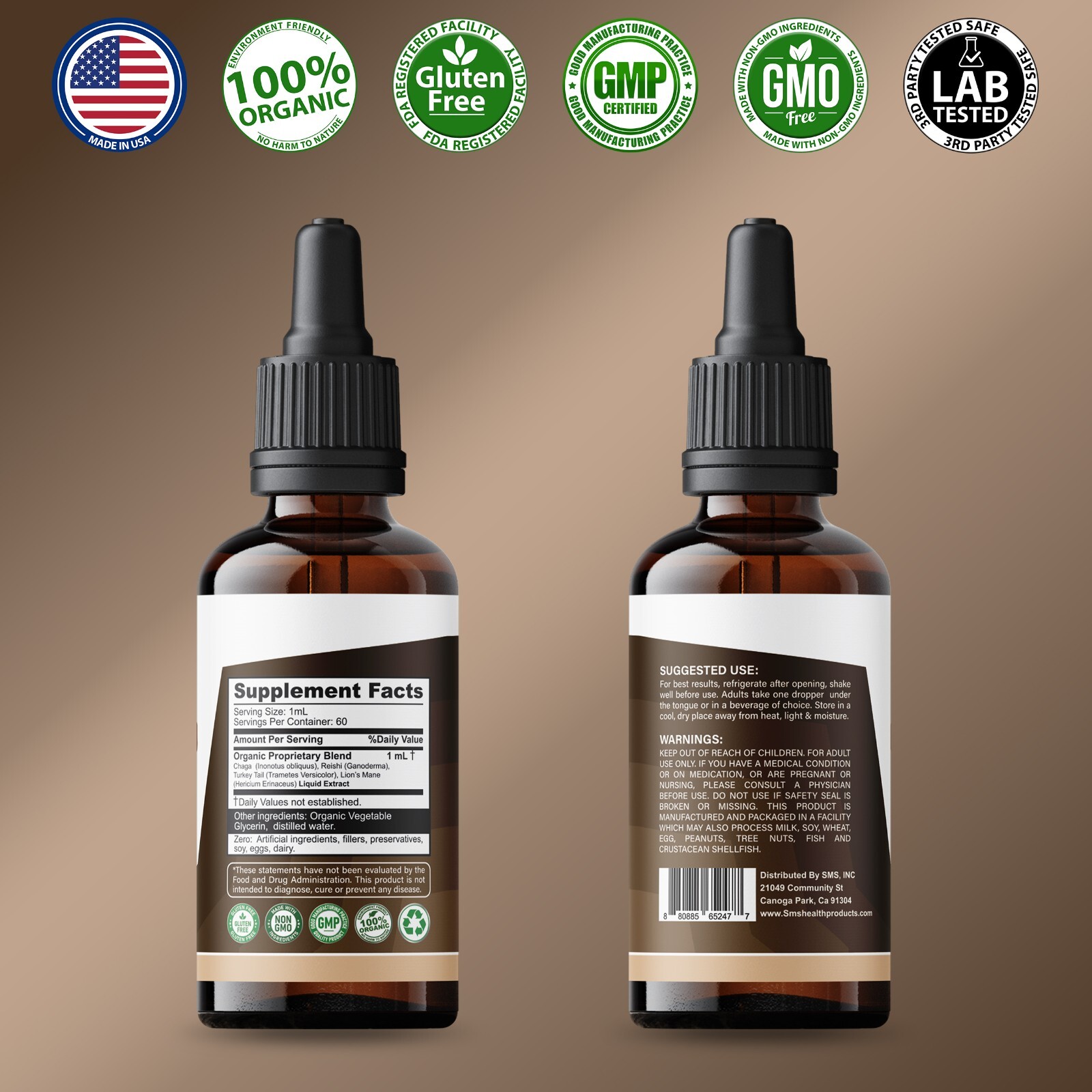 Mushroom Complex Extract Organic Non GMO Tincture Herbal Liquid Drops 6 Fl Oz