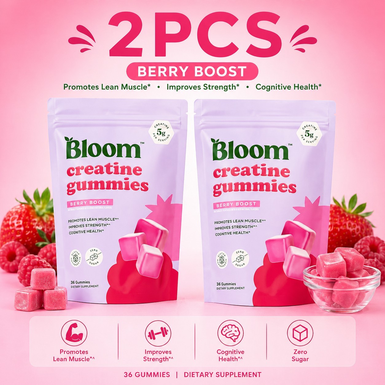 Bloom Sugar Free Creatine Gummies 10g Monohydrate for Strength,Berry,72 Gummies
