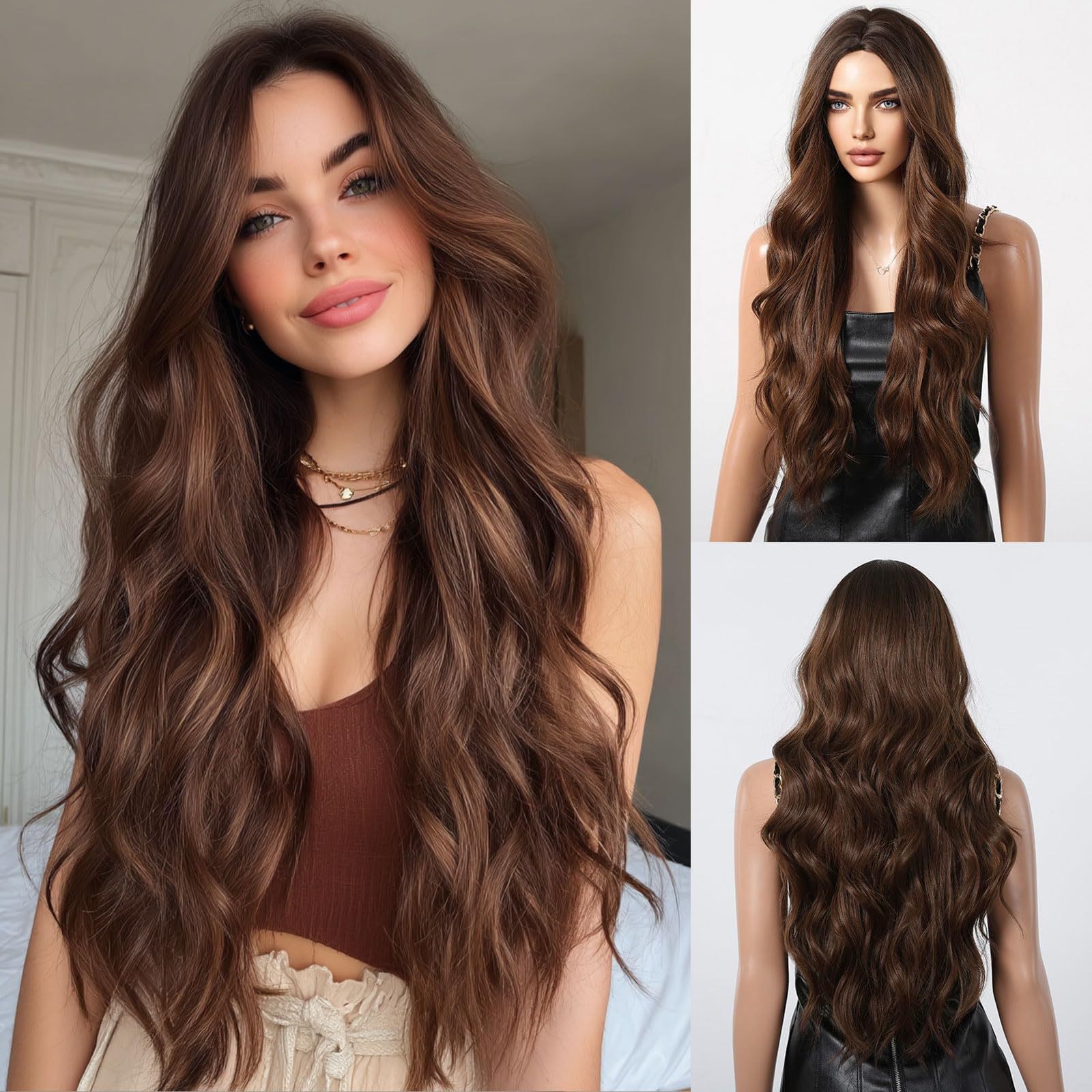 Brown Wavy Curly Wig Heat Resistant Fiber Rose Net Synthetic Full Wig For